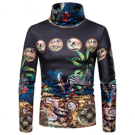 New Men's Large Size 3D Retro Pattern Printing High Neck Long Sleeve T-Shirt Bottoming Shirt